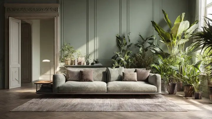 Soggiorno elegante con pareti verde salvia e boiserie, divano basso grigio perla, tappeto juta e angolo jungle con piante tropicali