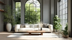 Soggiorno moderno stile japandi con pareti grigio perla, grandi finestre, divano color crema, dettagli in legno naturale e luce naturale.