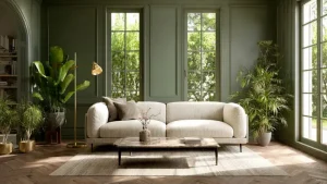 Soggiorno moderno elegante in stile Modern Organic italiano. Pareti verde oliva, grande divano in lino color crema, tavolino in travertino e parquet in rovere naturale. Lampada in ottone satinato, piante verdi e ampie finestre con luce naturale che creano un'atmosfera rilassante e sofisticata.