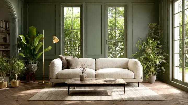 Soggiorno moderno elegante in stile Modern Organic italiano. Pareti verde oliva, grande divano in lino color crema, tavolino in travertino e parquet in rovere naturale. Lampada in ottone satinato, piante verdi e ampie finestre con luce naturale che creano un'atmosfera rilassante e sofisticata.