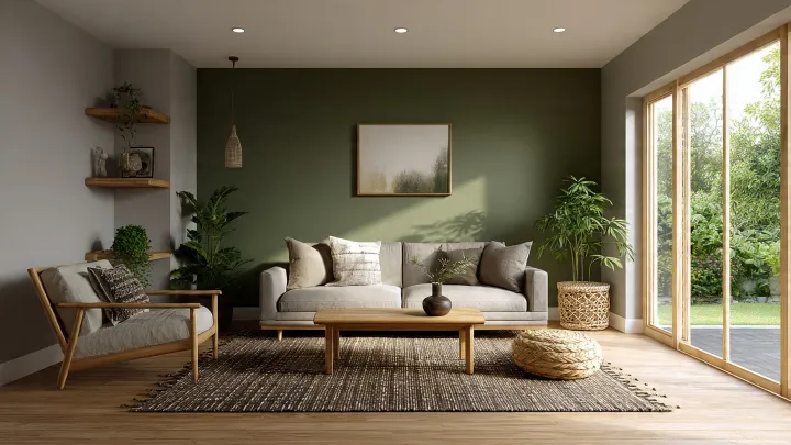 Soggiorno verde oliva stile Japandi - Legno naturale e design minimal Soggiorno moderno stile Japandi con parete verde oliva, divano grigio chiaro, poltrona in legno, tavolino basso e grandi vetrate. Pavimento in legno naturale, tappeto intrecciato e piante verdi per un ambiente caldo e minimal.