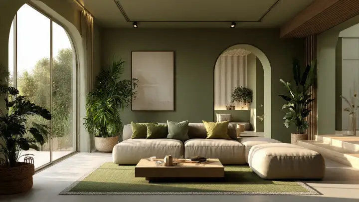 Soggiorno luminoso con pareti verde muschio, divano modulare beige, cuscini verdi e grandi vetrate ad arco