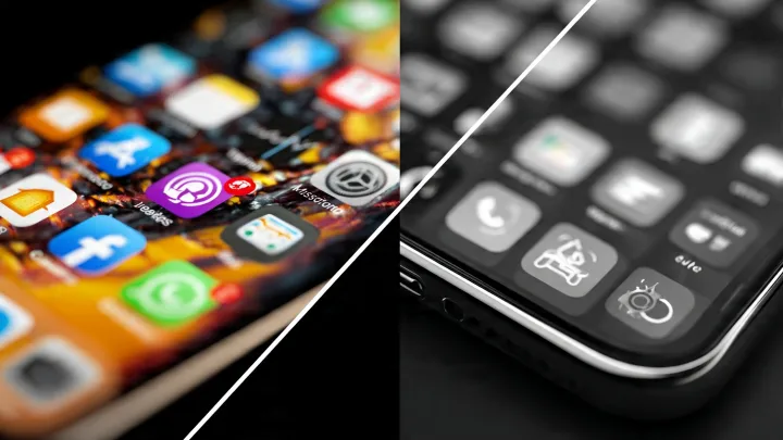 Confronto split-screen di due smartphone. A sinistra schermata piena di icone colorate, caotica e sovraccarica. A destra schermata minimal in bianco e nero con solo app essenziali. Stile editoriale tech, alta risoluzione, contrasto netto tra caos e calma.