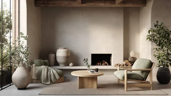 Salotto wabi-sabi con camino moderno, poltrona e pouf verde salvia, tavolino rotondo in legno e pareti finitura greige grigio perla