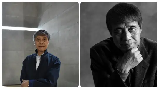 Doppio ritratto di Tadao Ando, a sinistra a colori davanti a parete in cemento a vista con taglio di luce orizzontale, a destra in bianco e nero con mano sotto il mento.