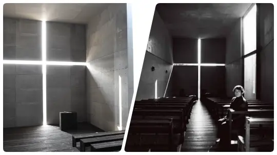 Confronto di due interni della Church of Light di Tadao Ando in Giappone. A sinistra lo spazio in cemento con la croce di luce che taglia la parete e alcune panche in legno. A destra la navata con le panche, la croce di luce verticale e una persona seduta, illuminata dalla luce naturale che entra dalle fessure.