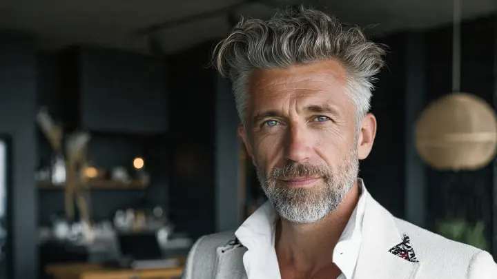 Uomo 55 anni sale e pepe stile sofisticato Uomo di circa 55 anni con capelli sale e pepe e barba corta ben curata, in camicia bianca e giacca elegante in ambiente moderno minimal con luce naturale calda.