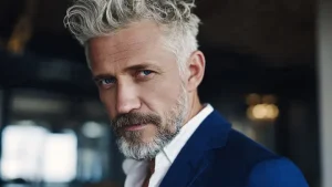 Uomo elegante tra i 50 e i 60 anni con capelli sale e pepe, barba corta curata e blazer blu navy su camicia bianca. Stile quiet luxury e silver fox in interni contemporanei luminosi, luce naturale morbida, atmosfera premium e sofisticata.