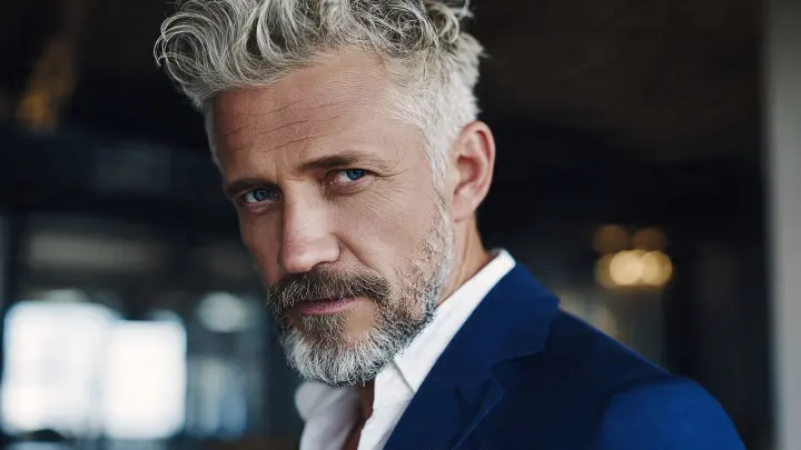 Uomo elegante tra i 50 e i 60 anni con capelli sale e pepe, barba corta curata e blazer blu navy su camicia bianca. Stile quiet luxury e silver fox in interni contemporanei luminosi, luce naturale morbida, atmosfera premium e sofisticata.