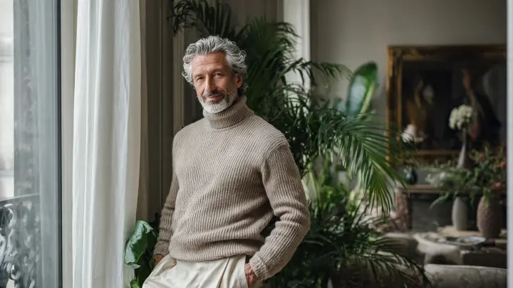 quiet luxury, stile maschile maturo, dolcevita cashmere, eleganza domestica Uomo elegante tra i 50 e i 60 anni con capelli sale e pepe naturali e taglio moderno. Indossa maglione in cashmere beige e pantaloni sartoriali, stile casual chic. Ambiente domestico contemporaneo con design italiano, luce naturale dalla finestra. Atmosfera raffinata, rilassata e quiet luxury, fotografia editoriale lifestyle maschile realistica con colori neutri.