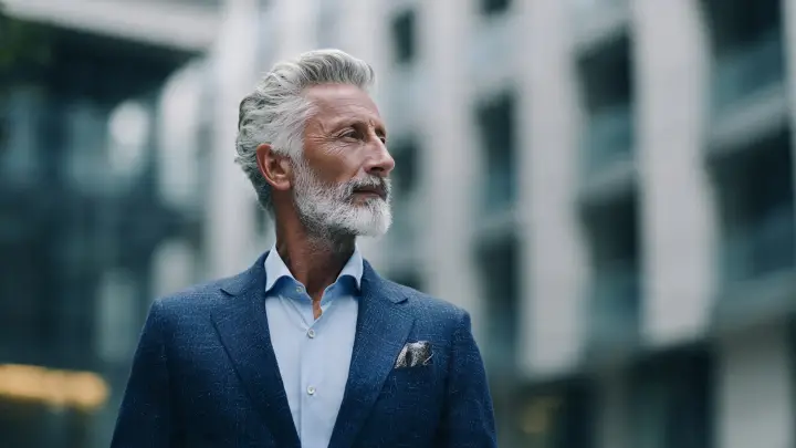 Uomo over 55 Silver Fox in completo blu scuro sartoriale, stile quiet luxury Uomo affascinante over 55 con capelli e barba sale e pepe, completo blu scuro sartoriale in stile Silver Fox e quiet luxury. Cammina in ambiente urbano elegante con architettura contemporanea sullo sfondo, luce naturale cinematografica, fotografia editoriale di moda maschile.