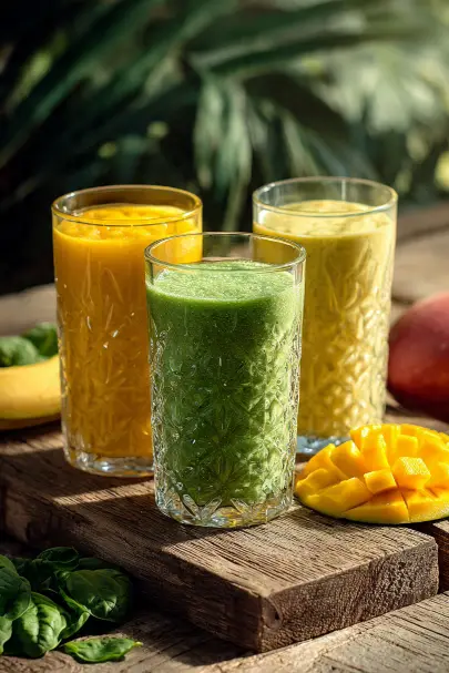 Tre bicchieri di frullati colorati su un tagliere in legno, con smoothie verde in primo piano, due frullati gialli alla curcuma sullo sfondo, mango a cubetti e spinaci freschi