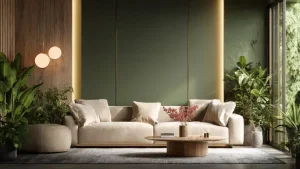 Soggiorno elegante con parete verde muschio, boiserie in legno, divano beige, tavolino rotondo in legno e piante verdi