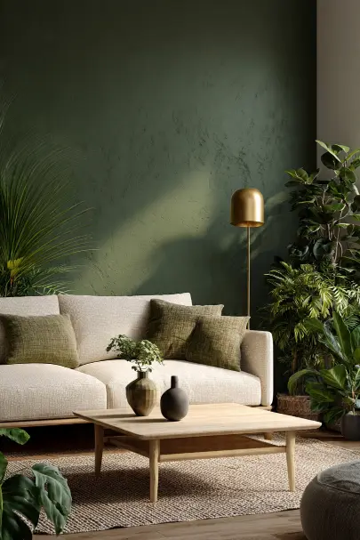 Soggiorno con parete verde muschio materica, divano beige, cuscini verdi e tavolo in legno chiaro
