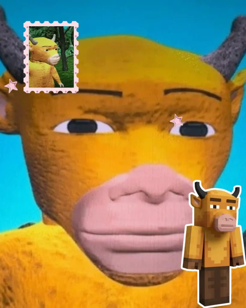 Meme e fan art del protagonista di Niu Lai Meme collage del protagonista di Niu Lai con primo piano ravvicinato, adesivo a forma di francobollo e versione pixel art in stile Minecraft del personaggio