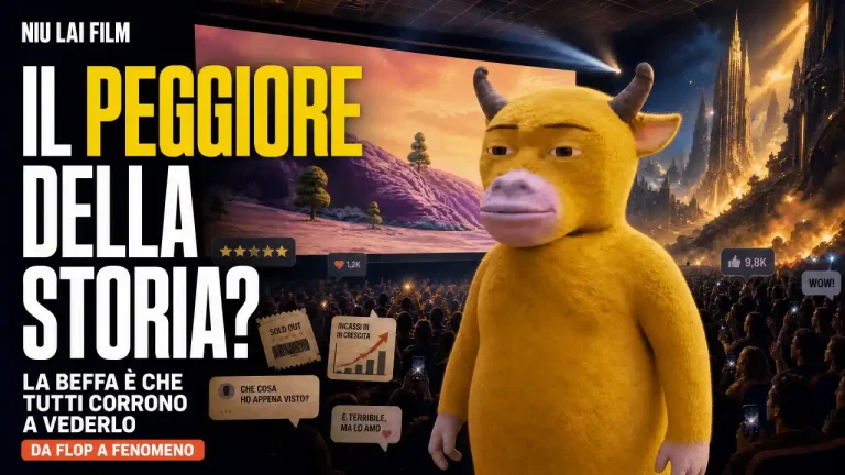 Copertina dell'articolo su Niu Lai con il protagonista bovino giallo in primo piano, sala cinema affollata sullo sfondo e badge con recensioni, incassi e commenti social