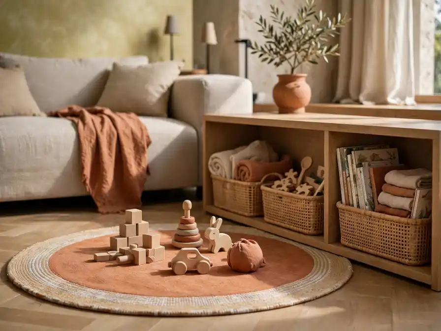 Angolo gioco in salotto con tappeto e scaffale organizzato Angolo gioco in salotto con tappeto rotondo, giochi in legno, scaffale basso con ceste e divano beige.