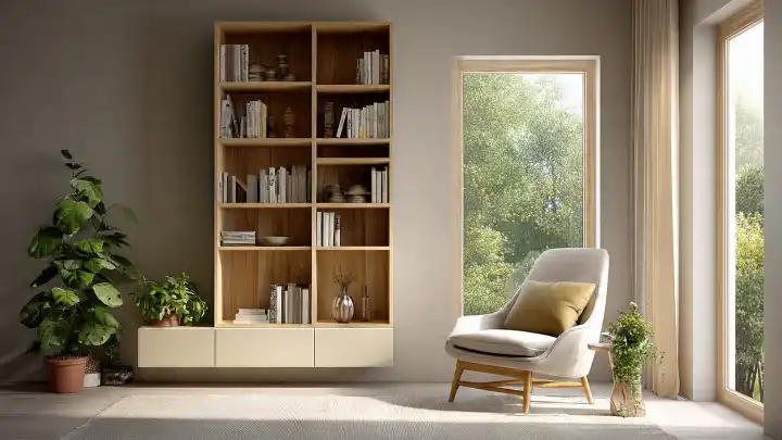 Angolo lettura con libreria verticale per sfruttare lo spazio in altezza Angolo lettura con libreria in legno a giorno, poltrona beige e finestra sul verde