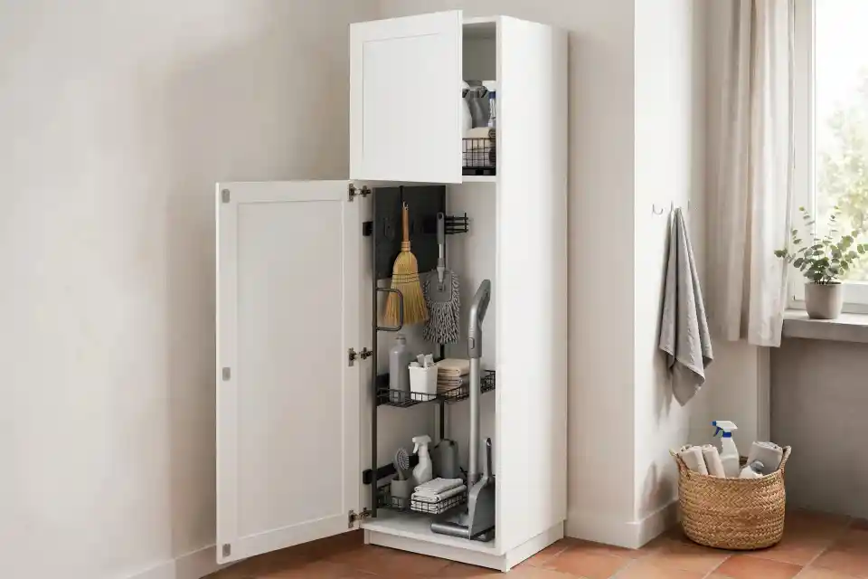 Armadio ripostiglio IKEA organizzato per prodotti e strumenti di pulizia Armadio ripostiglio bianco con ante aperte, organizzato con scope, mop, spray detergenti, cestini e accessori per la pulizia, in una stanza luminosa con pavimento in cotto.