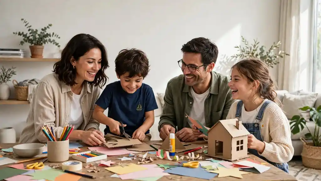 Attività creativa bambini con lavoretti di carta Attività anti noia e creativa per bambini con lavoretti di carta, cartoncino, forbici, colori e costruzione di una casetta di cartone.