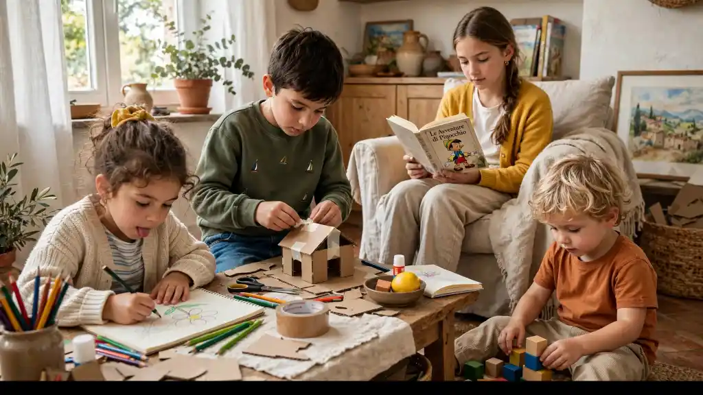 Attività creative anti‑noia per bambini Bambini impegnati in attività creative: disegno, costruzione con cartone, lettura e giochi di equilibrio con blocchi colorati.