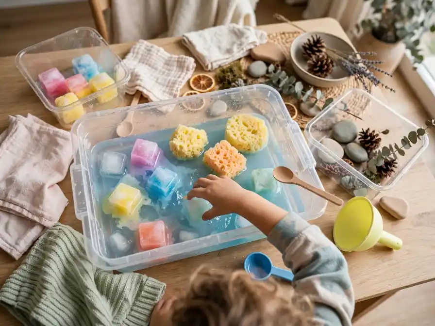 Vasca sensoriale con ghiaccio colorato e materiali naturali Vasca sensoriale con acqua colorata, ghiaccio multicolore, spugne e materiali naturali esplorati da un bambino.