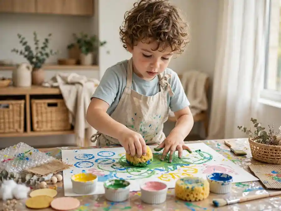 Attività sensoriale di pittura con spugne per bambini Bambino che dipinge con spugne e colori durante attività sensoriale di pittura al tavolo.