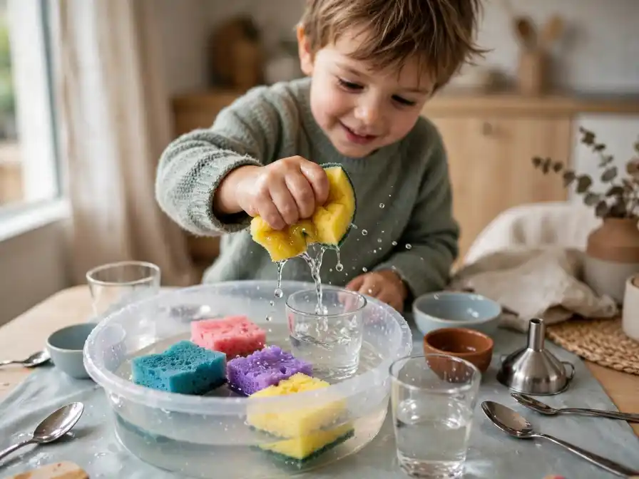 Attività sensoriale con spugne e acqua per bambini Bambino che strizza una spugna colorata durante attività sensoriale con acqua, ciotole e strumenti di travaso.