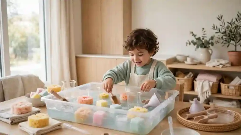Bambino che gioca con vasca sensoriale ad acqua con spugne colorate, misurini e strumenti Montessori.
