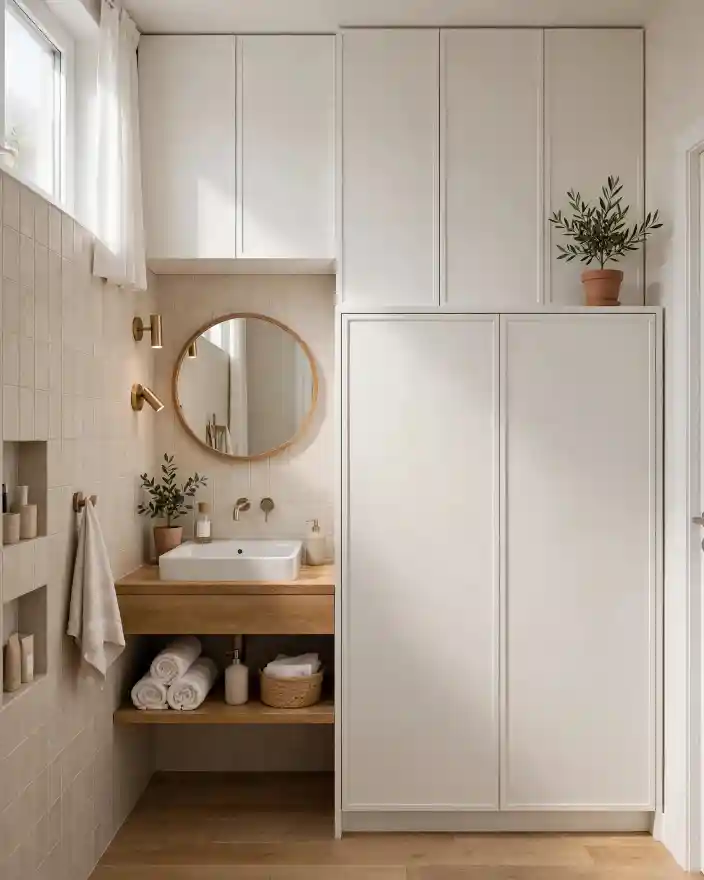 Bagno lavanderia piccolo con mobile in legno e armadi salvaspazio Bagno lavanderia piccolo con mobile in legno, lavandino moderno, mensole integrate e armadi bianchi salvaspazio.