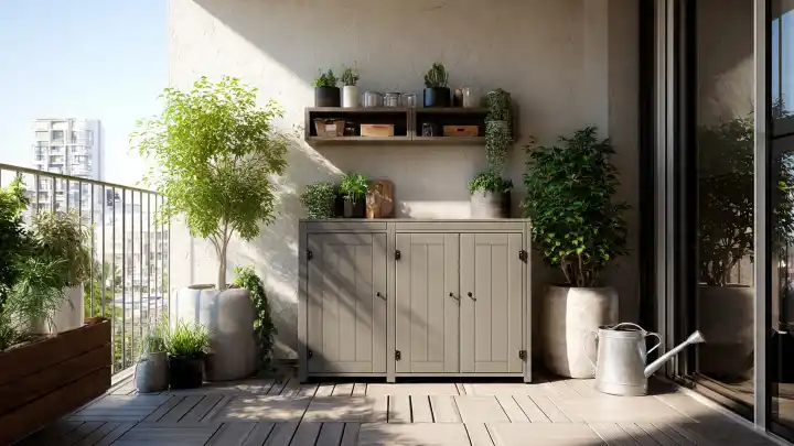 Balcone organizzato con mobile contenitore per guadagnare spazio extra Balcone attrezzato con mobile contenitore beige, piante verdi e mensola in legno con vasi