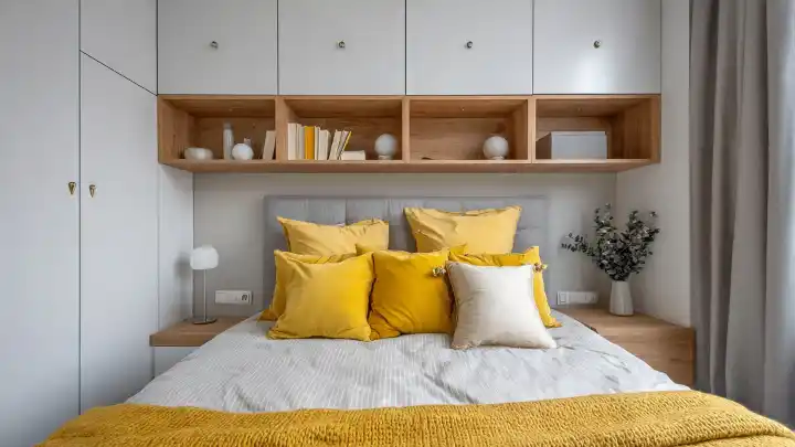 Camera da letto con boiserie continua sopra il letto che unisce armadi a ponte grigi e nicchie a giorno in legno, cuscini gialli senape