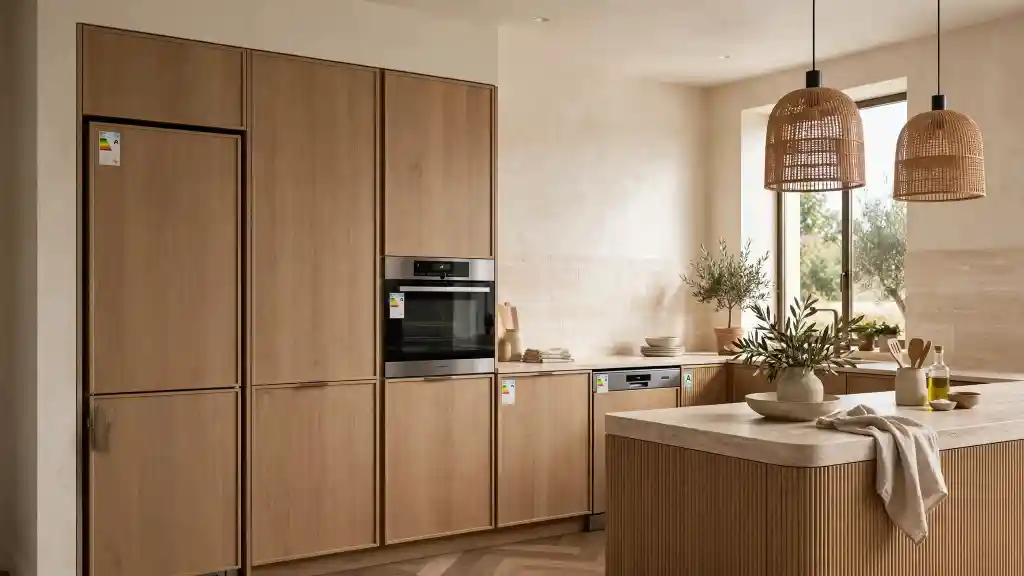 Cucina con elettrodomestici in classe energetica A per il bonus mobili 2026 Cucina in legno chiaro con frigorifero, forno e lavastoviglie a incasso con etichetta energetica classe A, isola centrale in pietra e lampade a sospensione in rattan