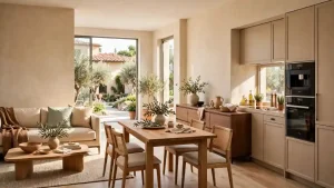 Open space luminoso con cucina, soggiorno e sala da pranzo arredati con mobili in legno chiaro, madia in noce, tavolo con sedie in rattan e vista su un cortile con ulivi
