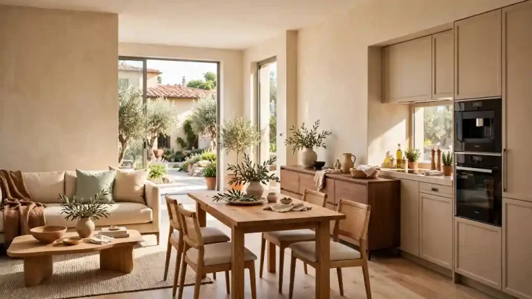 Open space luminoso con cucina, soggiorno e sala da pranzo arredati con mobili in legno chiaro, madia in noce, tavolo con sedie in rattan e vista su un cortile con ulivi