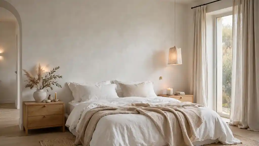 Camera da letto Cloud Dancer con biancheria bianca eterea Camera da letto in palette Cloud Dancer con biancheria bianca eterea, legno naturale, luci morbide e dettagli minimal.