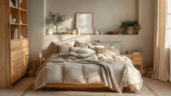 Camera letto colore sabbia letto legno lino naturale Camera da letto boho-naturale color sabbia con letto in legno, biancheria in lino neutro, mensola decorativa e cabina armadio in legno chiaro