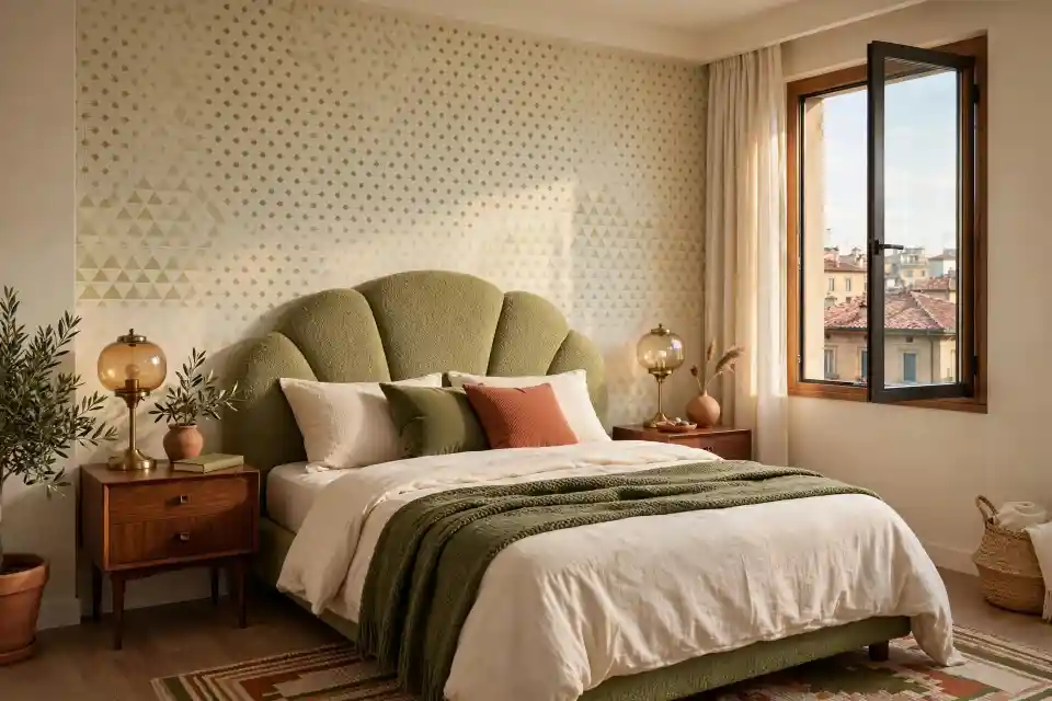 Camera da letto stile retrò con testiera verde e comodini in legno Camera da letto retrò con testiera verde a ventaglio, comodini in legno, lampade in vetro e palette naturali anni ’60