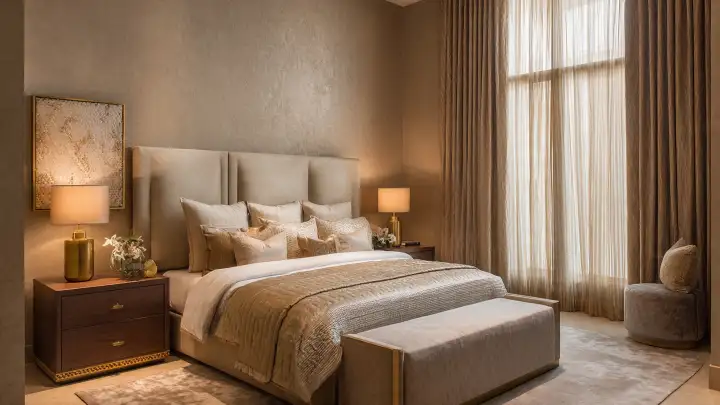 Camera letto elegante colore sabbia dettagli dorati Camera da letto elegante con toni sabbia e oro, testiera imbottita alta, comodini in legno scuro e lampade con base dorata