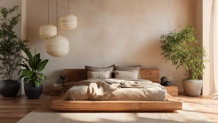 Camera letto zen colore sabbia letto legno bambù Camera da letto zen color sabbia con letto in legno massello basso, lampade a sospensione in bambù e piante verdi