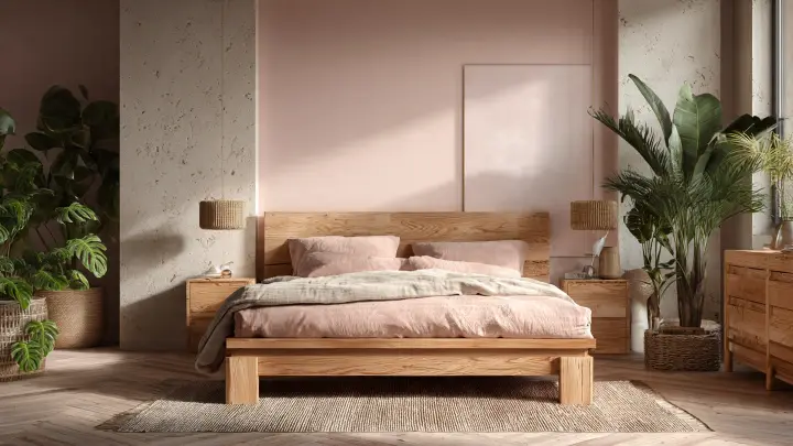 Camera letto boho rosa cipria letto legno piante Camera da letto boho con parete rosa cipria, letto in legno naturale, biancheria color pesca e numerose piante verdi tropicali
