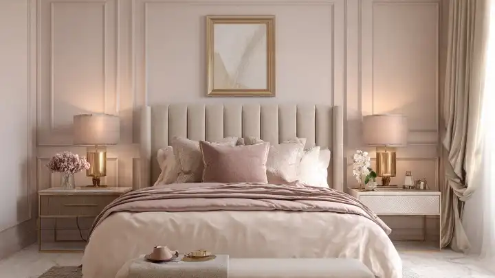 Camera letto elegante boiserie rosa cipria testiera velluto Camera da letto elegante con boiserie color rosa cipria, testiera in velluto a capitonné verticale, comodini dorati e cuscino rosa antico