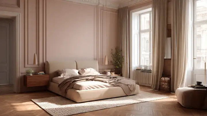Camera da letto elegante con boiserie color cipria, letto imbottito beige e finestre affacciate su palazzi storici