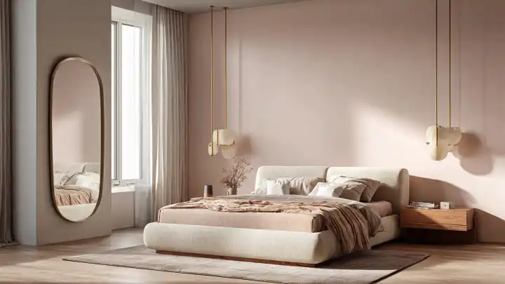 Camera letto rosa cipria letto boucle specchio ottone Camera da letto matrimoniale con parete rosa cipria, letto boucle color panna, specchio ovale in ottone e lampade a sospensione sferiche
