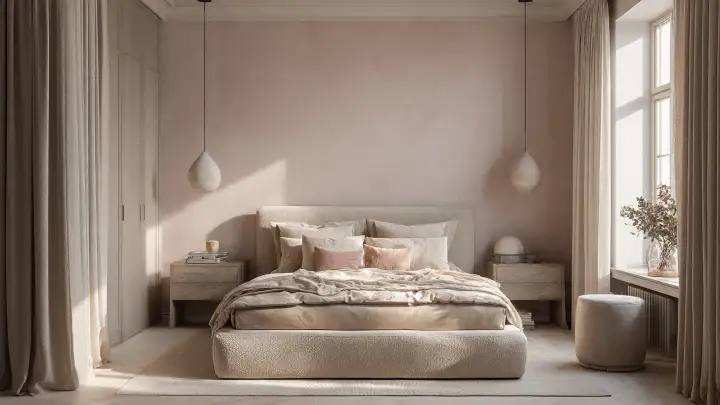 Camera letto rosa cipria parete spatolata letto boucle Camera da letto rosa cipria con pareti effetto spatolato, letto boucle beige, comodini in legno naturale e lampade a goccia in tessuto