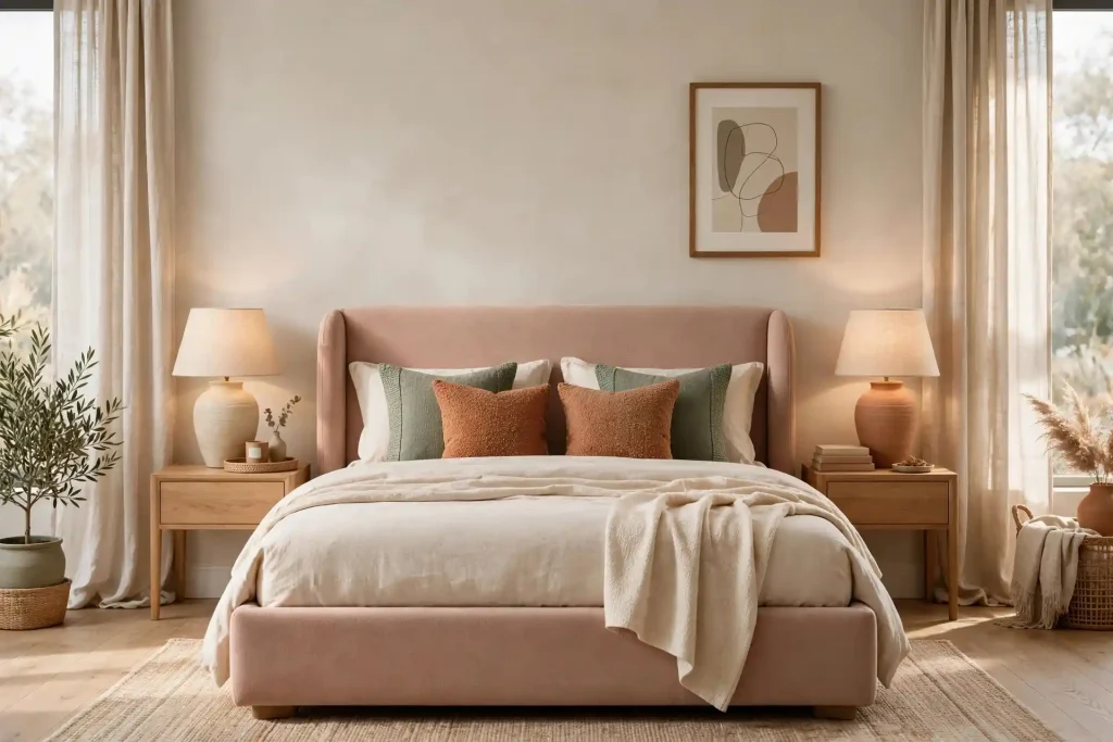 Camera da letto sabbia rosato con palette naturale Camera da letto luminosa con parete sabbia rosato, letto con testiera beige, cuscini verde salvia e ruggine, comodini in legno e decorazioni naturali.