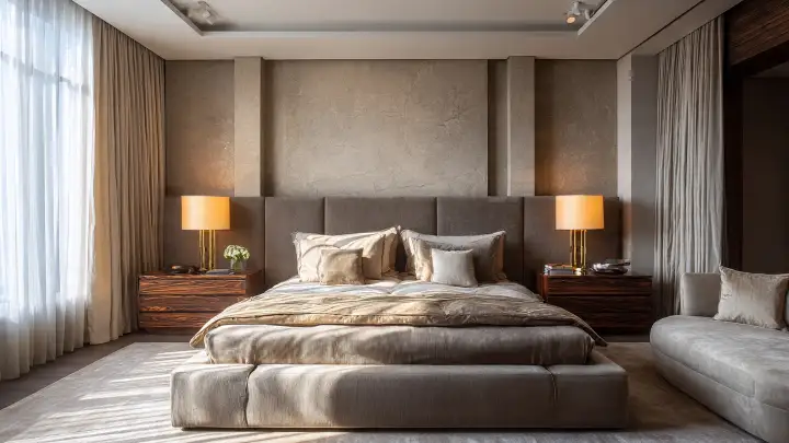 Camera letto elegante tortora sabbia comodini legno Camera da letto elegante con parete effetto materico tortora e sabbia, comodini in legno scuro con venature, letto imbottito grigio-tortora