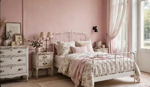 Camera letto shabby chic rosa cipria letto ferro battuto Camera da letto shabby chic con parete rosa cipria, letto in ferro battuto bianco, cassettiera decapé e biancheria a fiori