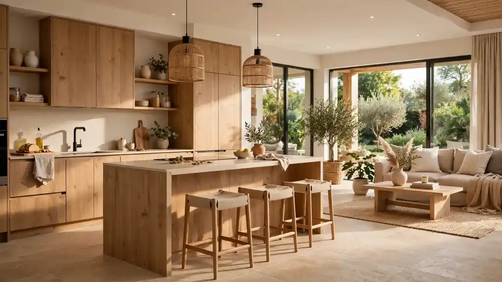 Cucina in legno naturale open space in casa unifamiliare Cucina in legno naturale di casa unifamiliare con isola centrale, sgabelli intrecciati e lampade a sospensione in rattan, aperta sul soggiorno e sul giardino con ulivi