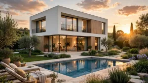 Casa unifamiliare a due piani con facciata bianca e rivestimenti in legno, ampio balcone, piscina rettangolare e giardino mediterraneo con ulivi al tramonto